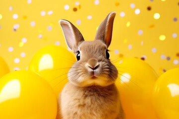 portrait of a funny rabbit animal in a festive room celebrating his birthday at party with balloons...