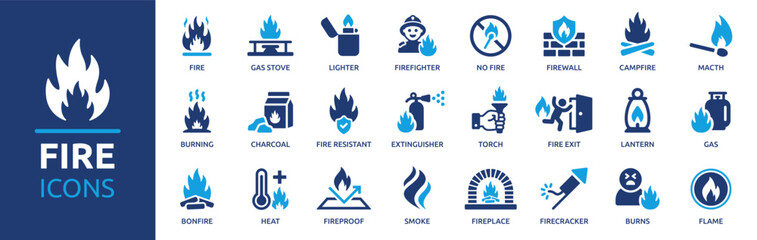 Fire icon set. Containing burning, flame, campfire, gas stove, lighter, match, smoke, firefighter and more. Vector solid icons collection. - obrazy, fototapety, plakaty