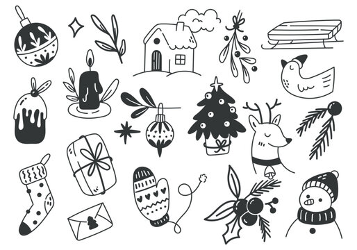 Hand Drawn Christmas Doodle Line Art