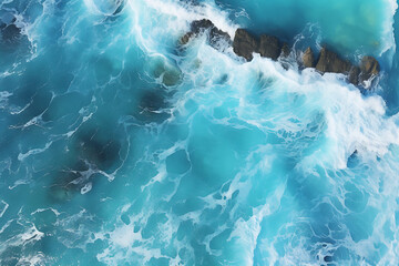 beautiful scenic sea view from above of the turquoise sea and waves and rocks, splashes of waves are found on the rocks