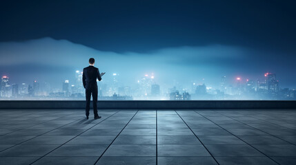 Businessman on the rooftop looking at the city skyscrapers at night. Ai generative