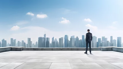 Foto op Plexiglas Rear view of businessman standing on the rooftop, skyscrapers skyline. Ai generative © ImageFlow