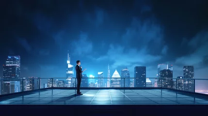 Foto op Plexiglas Pensive businessman on office rooftop and panoramic skyscrapers at night. Ai generative © ImageFlow