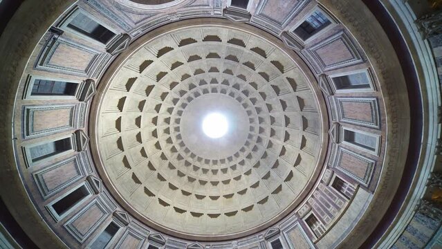 Pantheon dome in Rome. Oculus ceiling of an ancient Roman temple, Catholic Church. Historic monument building and landmark in Italy. tourism destination in Europe.