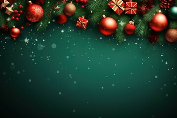 Naklejka na ściany i meble Christmas banner background decoration with gift box, ball and Christmas tree with copy area