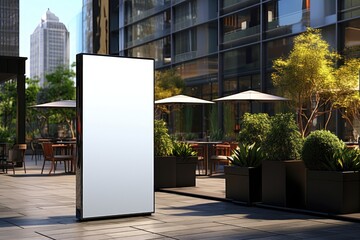 A blank mockup display, featuring digital content, standing near an outdoor cafe, providing an interactive platform for showcasing information or advertisements. Photorealistic illustration