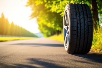 Summer tires on the asphalt road in the sun time for summer tires. Generative AI.