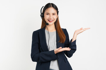 Cheerful beautiful Asian woman consultant wearing microphone headset of customer support phone...