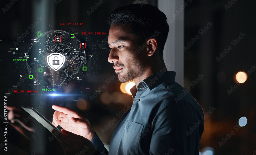 Poster Cyber security, hacker man and tablet with hologram and safety lock icon for network, information or data. Person with technology for privacy, antivirus or hacking and access control shield at night