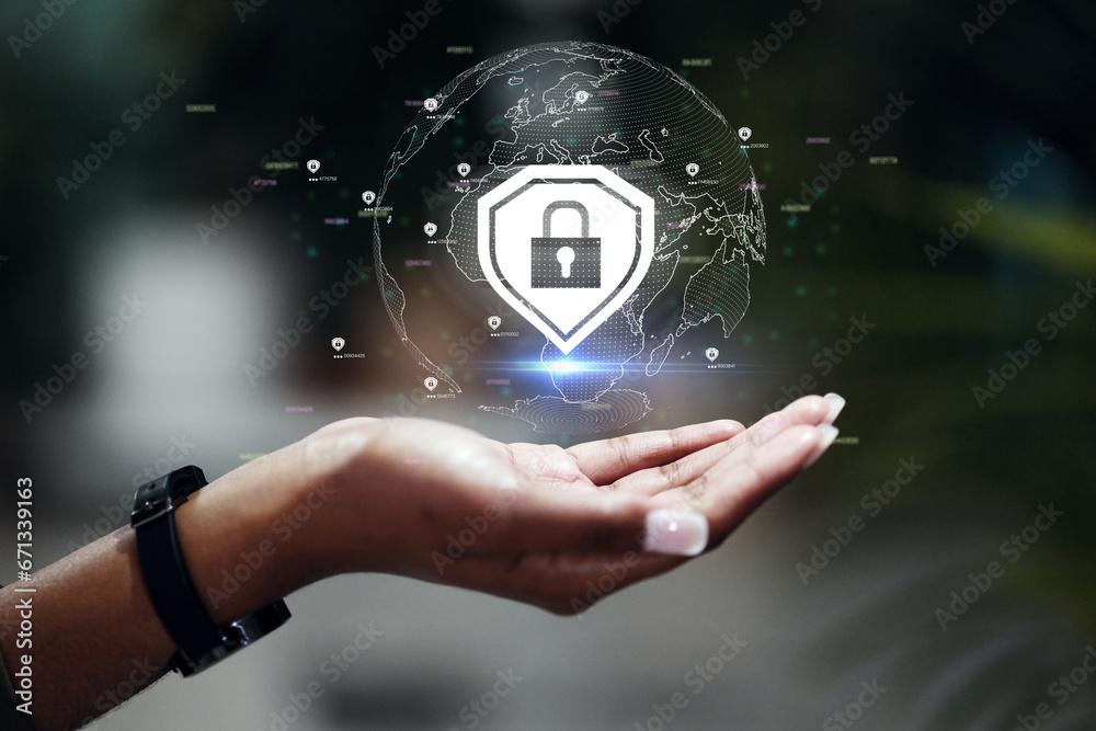Poster hologram, hand and person with cyber security, lock and data protection with internet connection, fu