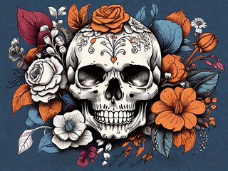 Skull with hand drawn flowers
