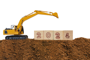 Concept Happy new year 2024,crawler excavator in construction site .on white backgrounds