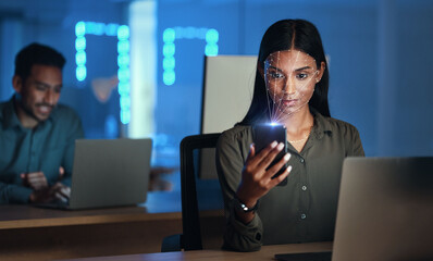 Woman, phone with facial recognition and futuristic biometric cybersecurity, id or scan face for mobile safety. Smartphone, businesswoman and hologram technology for access control or protection - obrazy, fototapety, plakaty