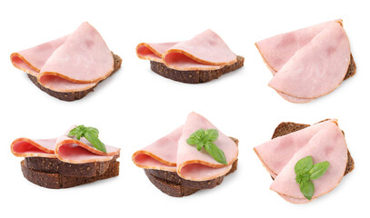 Tasty sandwiches with ham isolated on white, different sides