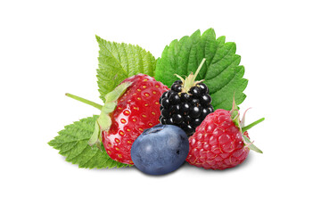 Different fresh ripe berries and green leaves isolated on white