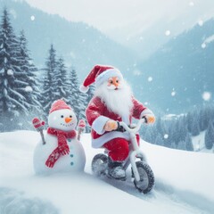 Santa Clause and snowman on a sled