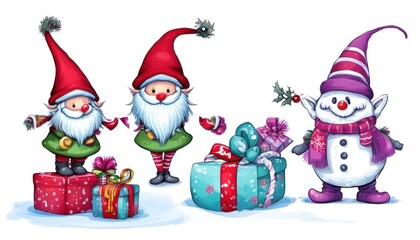 santa claus with gifts and snowman
