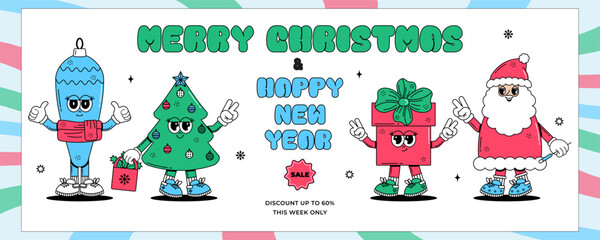 Groovy hippie Merry Christmas and Happy New year card. Sale. Cute characters Santa Clous, gift box, Christmas tree, toy in trendy retro style. Vector art