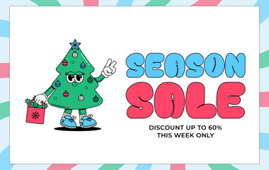 Groovy hippie Christmas Season Sale card. Cute character Christmas tree in trendy retro style. Merry Christmas and Happy New year concept. Vector art
