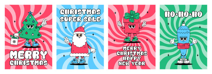 Groovy hippie Merry Christmas and Happy New year set posters. Sale. Cute characters Santa Clous, gift box, Christmas tree, toy in trendy retro style. Vector art