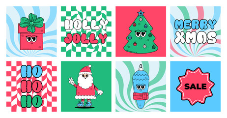 Groovy hippie Merry Christmas and Happy New year set posters. Sale. Cute characters Santa Clous, gift box, Christmas tree, toy in trendy retro style. Vector art