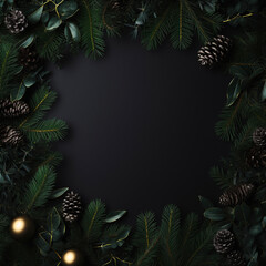 Black Christmas background with ornaments and greenery, space for text

