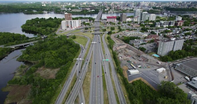 Aerial view backwards over the Quebec Autoroute 5, in sunny Gatineau, Canada