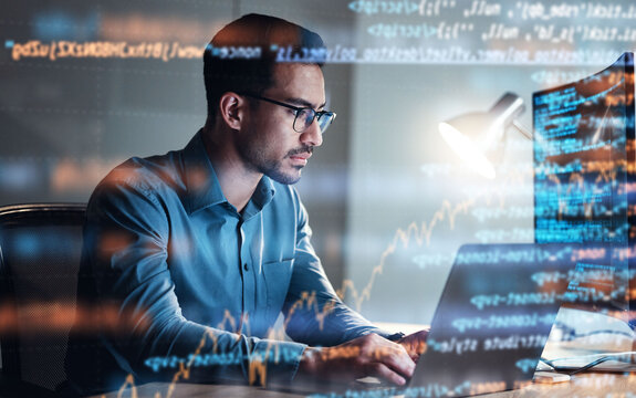 Programming, code and man with focus, hologram and digital software with cyber security, trading and online reading. Male person, coder and employee with investment, research and check stock market