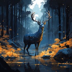 A deer in the blue woods.