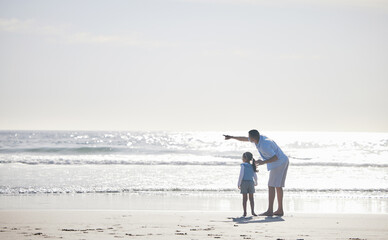 Beach, pointing and family father and child relax, enjoy outdoor wellness, and freedom on Brazil vacation. Ocean sea water, mockup sky and back of dad and young kid gesture at nature space on holiday