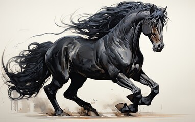 Black horse running at the white background.