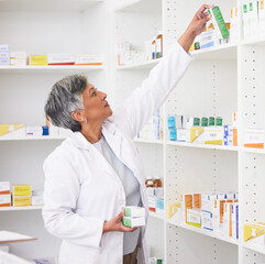 Mature pharmacist woman, shelf and boxes with thinking, packing stock and inventory inspection....
