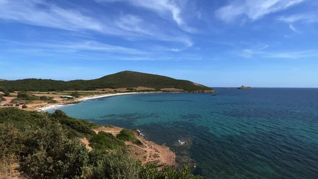 Summer season at Tamarone beach in Corsica island, France