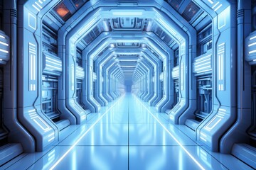 White corridor with geometric patterns and neon lights, creating a futuristic and abstract environment, Generative AI