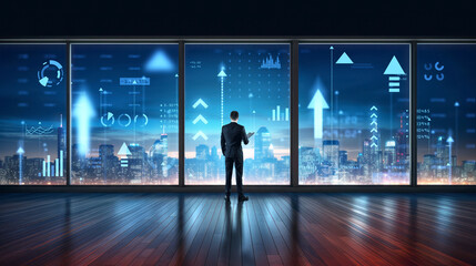 Businessman in office room, skyline with rising arrows, smart city connection. Ai generative