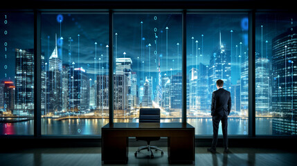 Businessman in office room, skyscrapers with rising arrows, smart city connection. Ai generative
