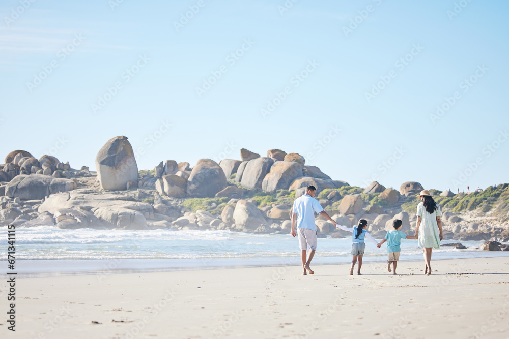 Sticker Family, holding hands and walking on beach together for weekend, vacation or holiday on mockup space. Mother, father and children enjoying summer walk on the ocean coast in travel, bonding or getaway