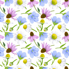 seamless pattern with drawing realistic wild flowers, leaves and buds , hand drawn illustration,floral background