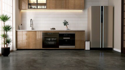 Luxury kitchen and brown counter cabinet, sink, dish washer, oven, refrigerator in sunlight from...