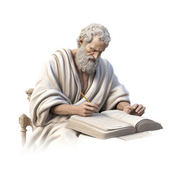 Ancient greek sculpture of a man writing on a book isolated on white background