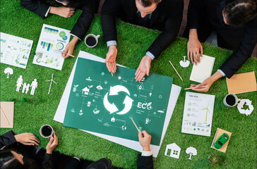 Top view ESG investment project meeting with business people discussing on recycling project with...