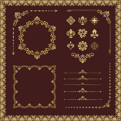 Vintage set of horizontal, square and round elements. Golden elements for backgrounds, frames and monograms. Classic patterns. Set of vintage patterns