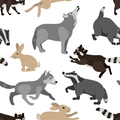 vector drawing seamless pattern with hand drawn animals at white, cartoon style background for children textile or wallpaper