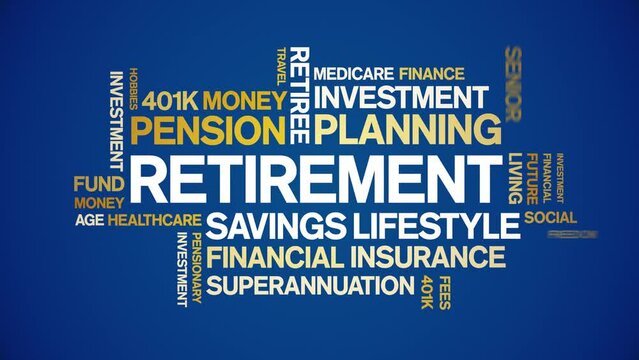 Retirement animated tag word cloud;text design animation kinetic typography seamless loop.
