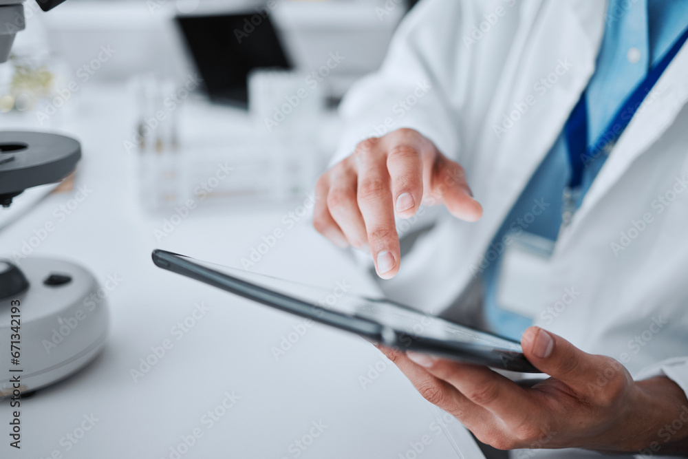 Poster hospital, doctor and hands with tablet for research, medical innovation and working. clinic, typing 