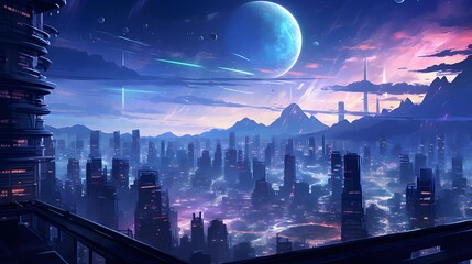 fantasy landscape, city view, modern city building concept in the future, japan, anime