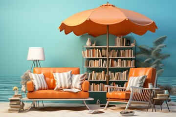 Cozy beachfront library with a beach umbrella, books, and reading glasses, emphasizing relaxed summer reading, Generative AI