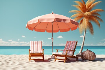 Palm tree-lined beach with a beach umbrella, beach ball, and beach towels, capturing the essence of a vibrant summer holiday, Generative AI