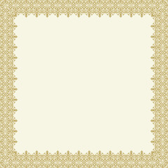 Classic vintage square frame with arabesques and orient elements. Abstract Golden and yellow ornament with place for text. Vintage pattern