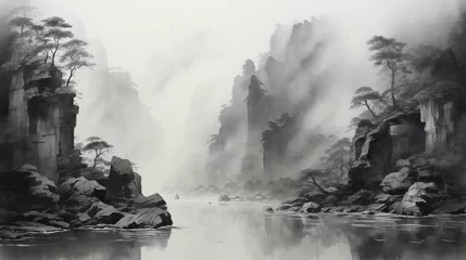 Keuken spatwand met foto mountain and river chinese Ink wash painting © Anpm